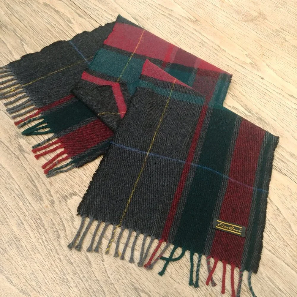 Eddie Bauer red green gray wool plaid scarf with fringe